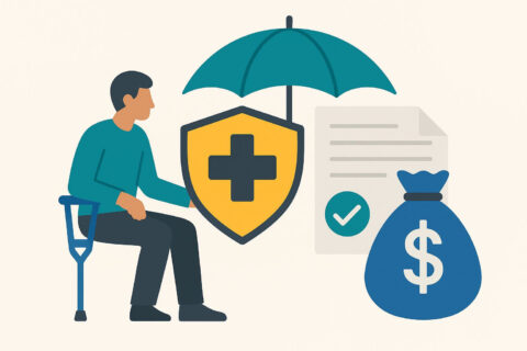 Illustration zur Berufsunfähigkeitsversicherung mit Schutzschild, Dokument und finanzieller Absicherung