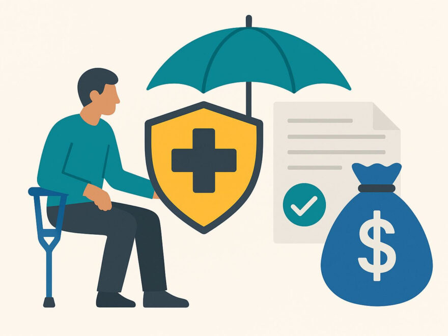 Illustration zur Berufsunfähigkeitsversicherung mit Schutzschild, Dokument und finanzieller Absicherung