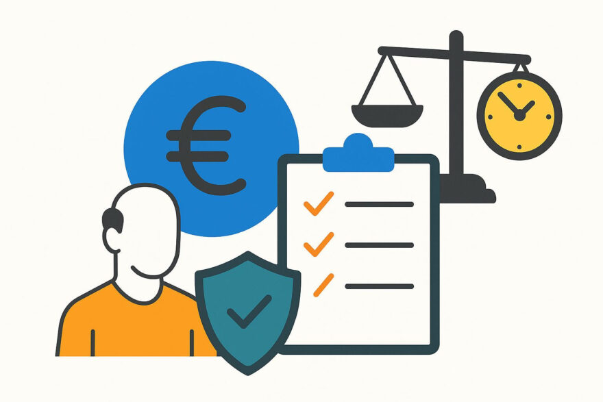 Illustration zu Kostenfaktoren der Berufsunfähigkeitsversicherung mit Euro-Symbol, Waage und Checkliste