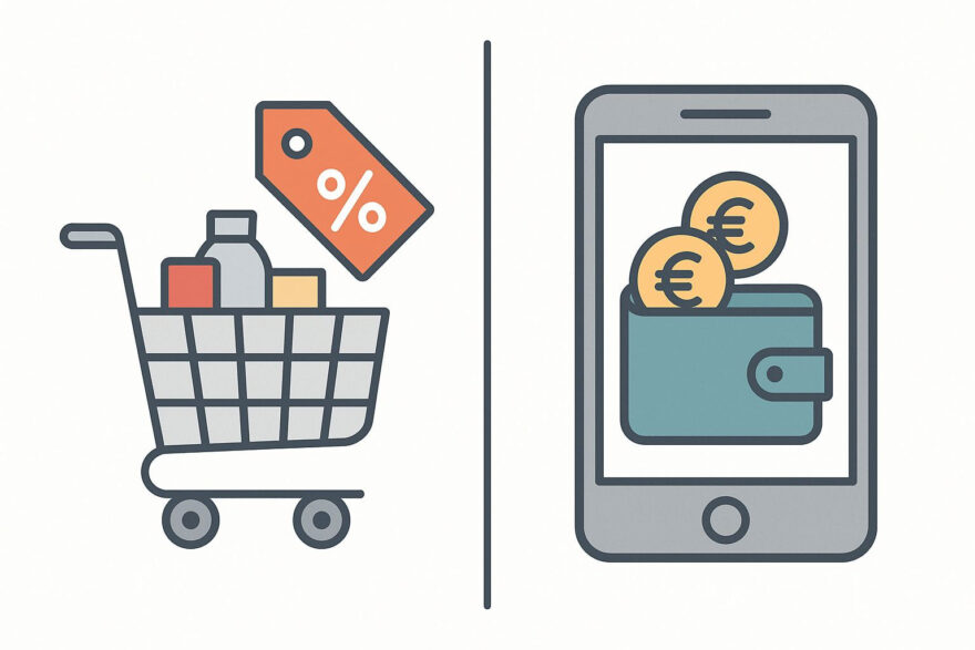 Geld sparen mit Cashback und Gutscheinen leicht erklärt anhand von Einkaufswagen und Cashback-App
