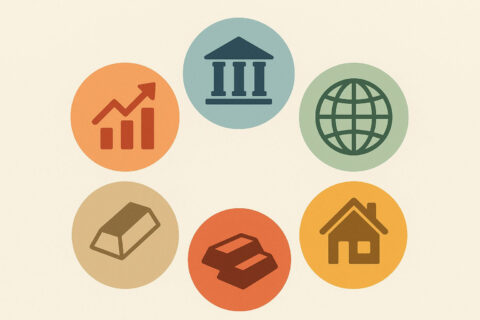 Diversifikation erklärt mit Symbolen für verschiedene Anlageklassen in einem ausgewogenen Portfolio