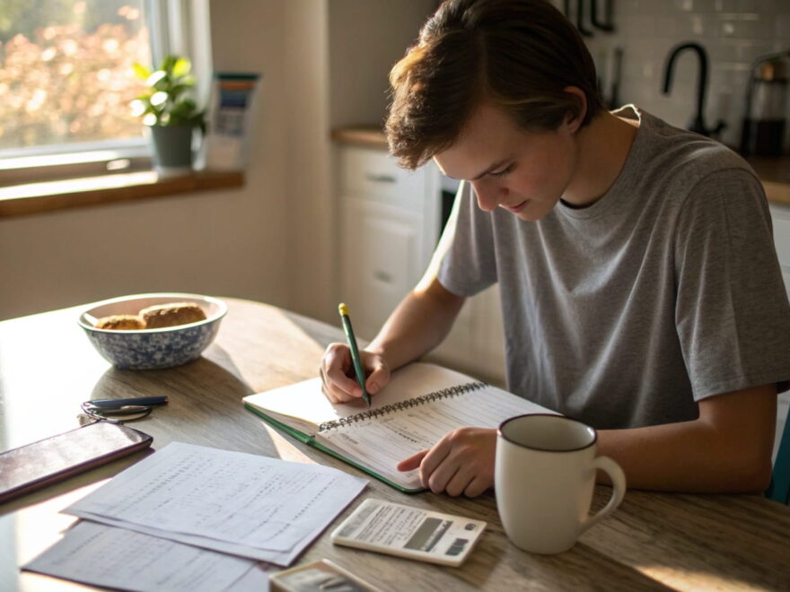 Haushaltsbuch führen am Küchentisch mit Notizbuch und Belegen
