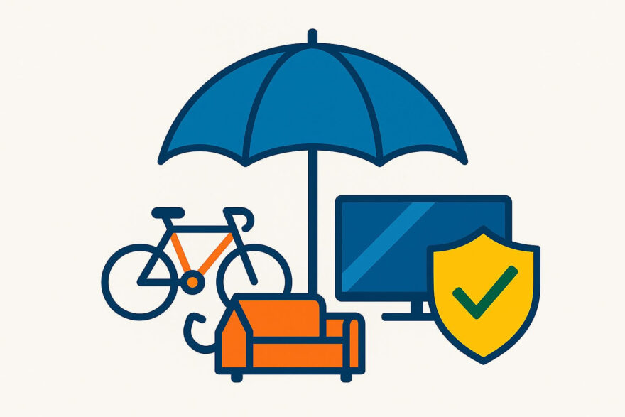 Hausratversicherung mit Zusatzbausteinen dargestellt durch Symbole für Fahrrad, Sofa und Fernseher unter einem schützenden Schirm