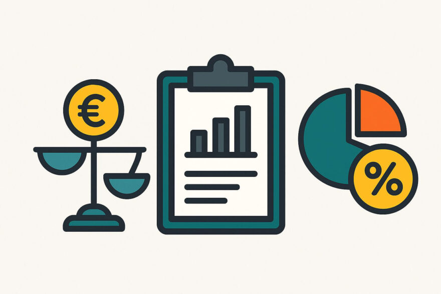 Wichtige Kennzahlen zur Bewertung von Dividendenwerten Symbolgrafik zu wichtigen Kennzahlen für die Bewertung von Dividendenwerten mit Waage, Diagramm und Prozentzeichen