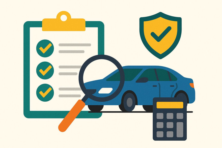 Infografik zum richtigen Vergleich von Kfz-Versicherungen mit Auto, Checkliste und Lupe