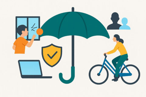 Illustration Private Haftpflicht – Schutz vor typischen Alltagsschäden wie Fahrradunfall, zerbrochenes Fenster oder beschädigte Elektronik
