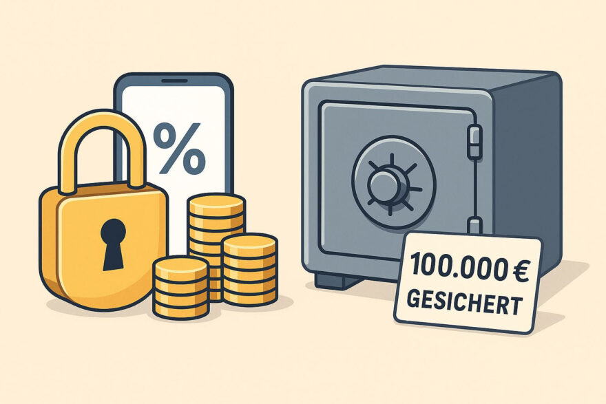 Risiken und Sicherheit bei Tagesgeld oder Festgeld mit Symbolen für Schutz und feste Einlagensicherung
