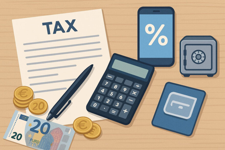 Steuerliche Aspekte bei Tagesgeld oder Festgeld mit Symbolen für Geldanlage und Steuerberechnung