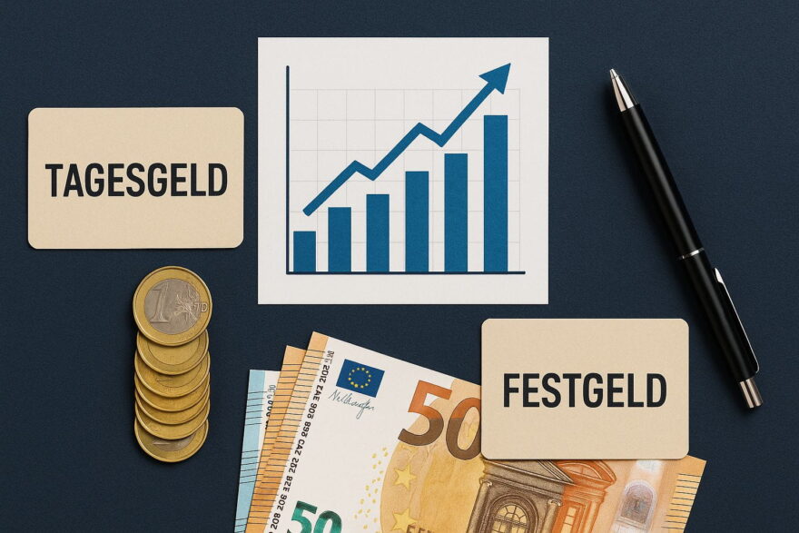 Tagesgeld oder Festgeld anschaulich erklärt mit Symbolen für Flexibilität und feste Zinsen