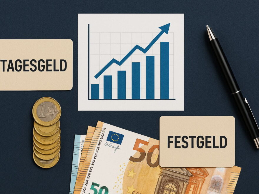 Tagesgeld oder Festgeld anschaulich erklärt mit Symbolen für Flexibilität und feste Zinsen