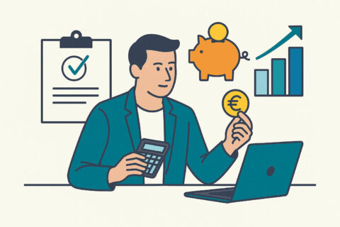 Illustration zur Altersvorsorge für Selbstständige mit Symbolen für Sparen, Investieren und finanzielle Planung