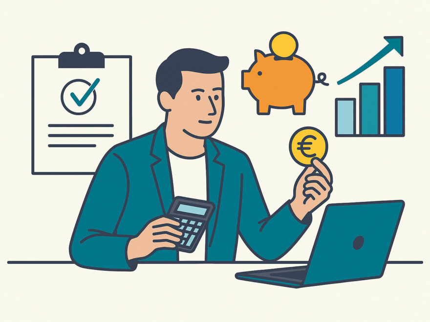 Illustration zur Altersvorsorge für Selbstständige mit Symbolen für Sparen, Investieren und finanzielle Planung