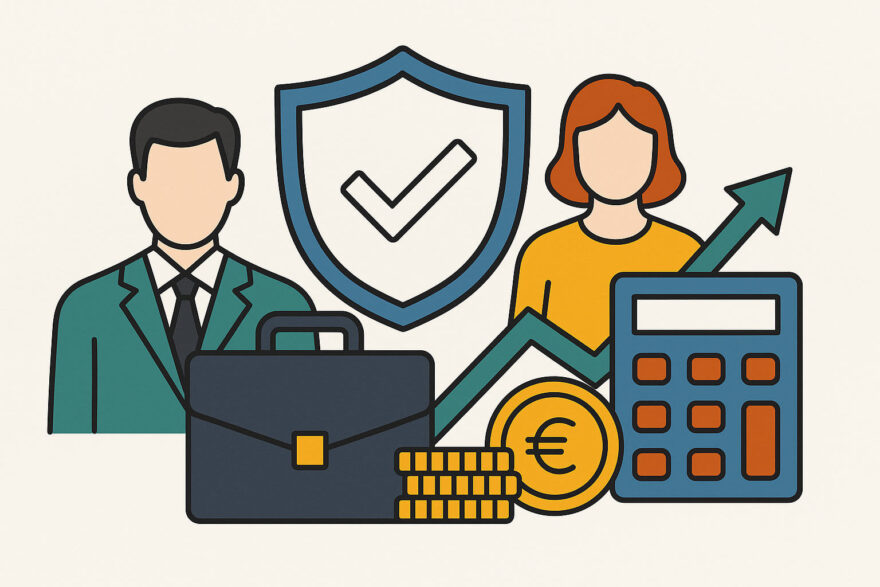 Betriebliche Altersvorsorge: Optionen für Selbstständige mit Angestellten Illustration zur betrieblichen Altersvorsorge für Selbstständige mit Angestellten, dargestellt durch Symbole für Mitarbeiter, Schutz, Finanzen und Wachstum