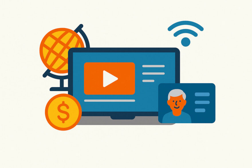 Illustration zeigt digitale Einnahmequellen als passives Einkommen im Ruhestand mit Symbolen für Internet, Computer und Online-Geschäft