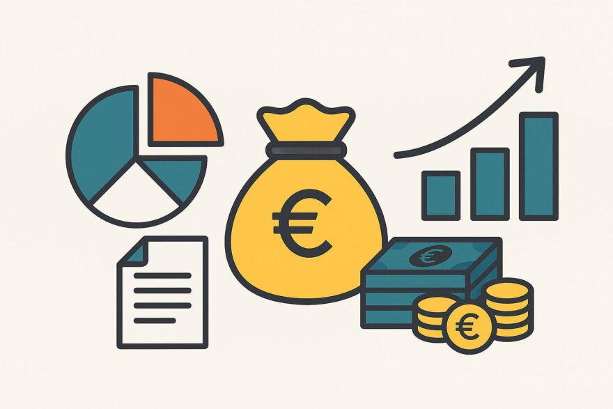 Dividenden-ETFs erklärt mit Symbolgrafiken zu Geld, Diagrammen und Wachstum