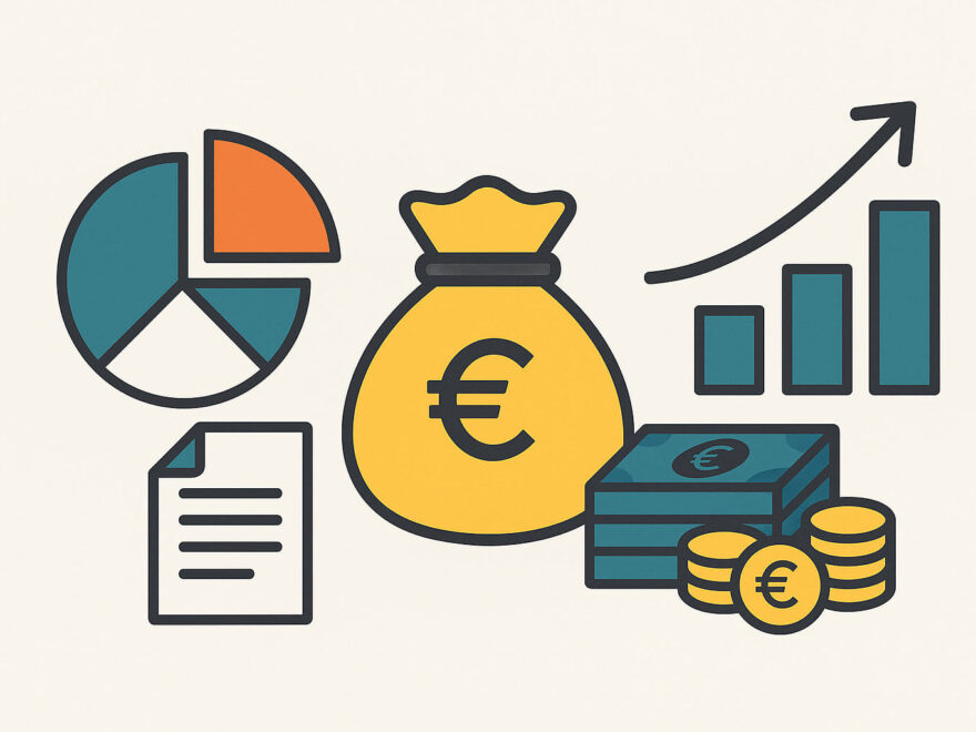 Dividenden-ETFs erklärt mit Symbolgrafiken zu Geld, Diagrammen und Wachstum