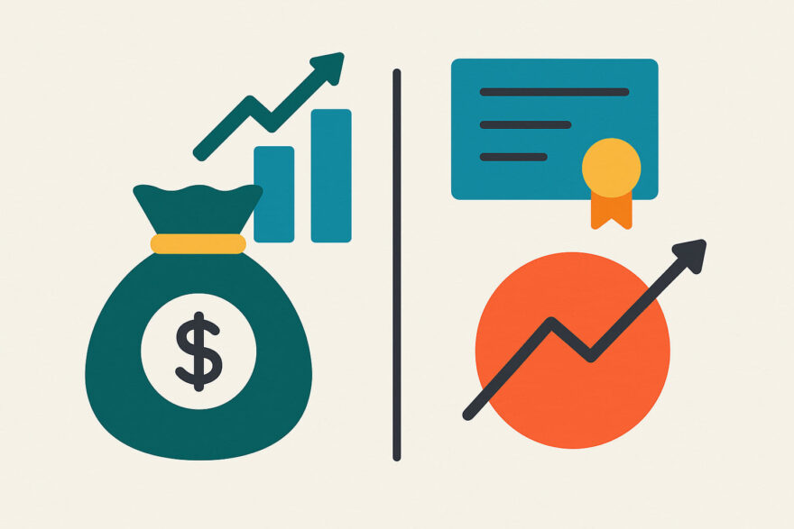 Dividenden-ETFs im Vergleich zu Einzelaktien dargestellt mit Symbolgrafiken für Geldsack, Zertifikat und Kursdiagramme