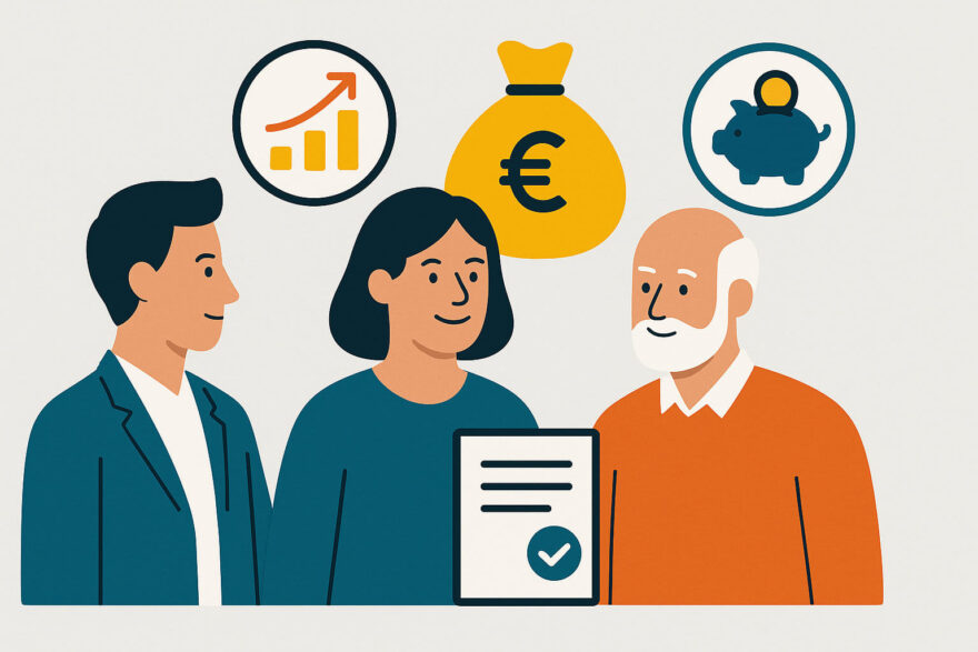 Dividenden-ETFs visualisiert mit unterschiedlichen Anlegern und Symbolen für Geldanlage und Ausschüttungen