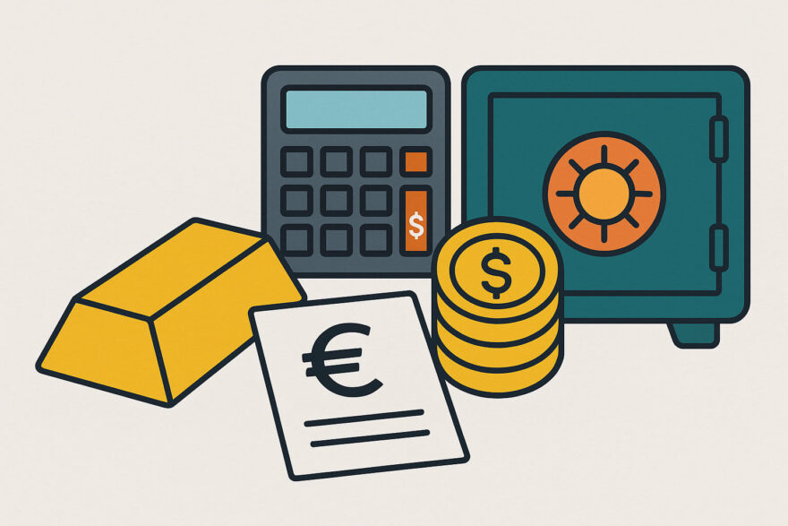 Kosten beim Kauf und Aufbewahrung von Gold – Illustration mit Safe, Münzen und Goldbarren