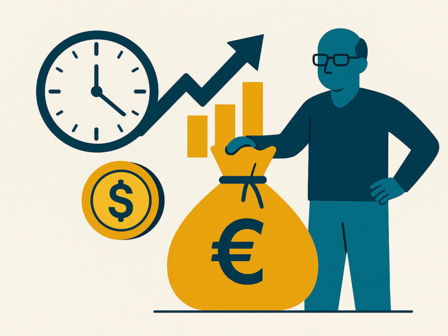 Illustration zeigt, was passives Einkommen im Ruhestand bedeutet, mit Symbolen für Geld, Zeit und finanzielle Freiheit