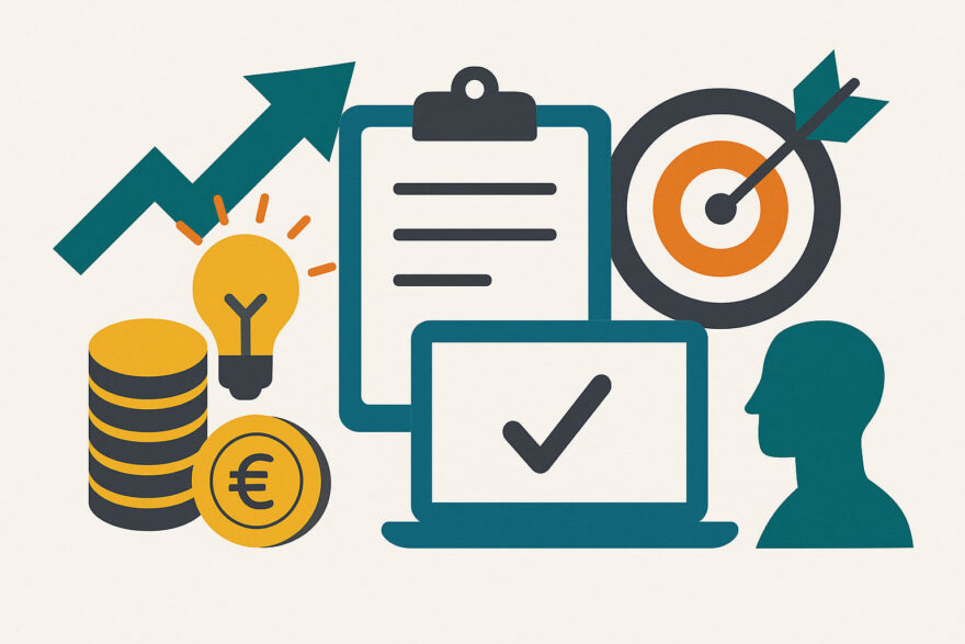 Illustration zu steuerlichen Aspekten von passivem Einkommen im Ruhestand mit Symbolen für Geld, Steuern und Dokumente