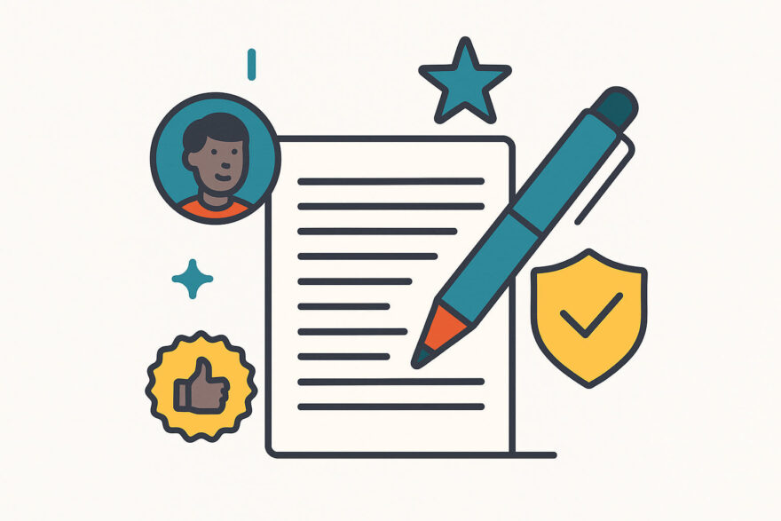 Hochwertiger Content: So gewinnst du Leser und Vertrauen Symbolgrafik mit Stift, Dokument und Vertrauenssymbolen – hochwertige Inhalte für Geld verdienen mit einem Blog
