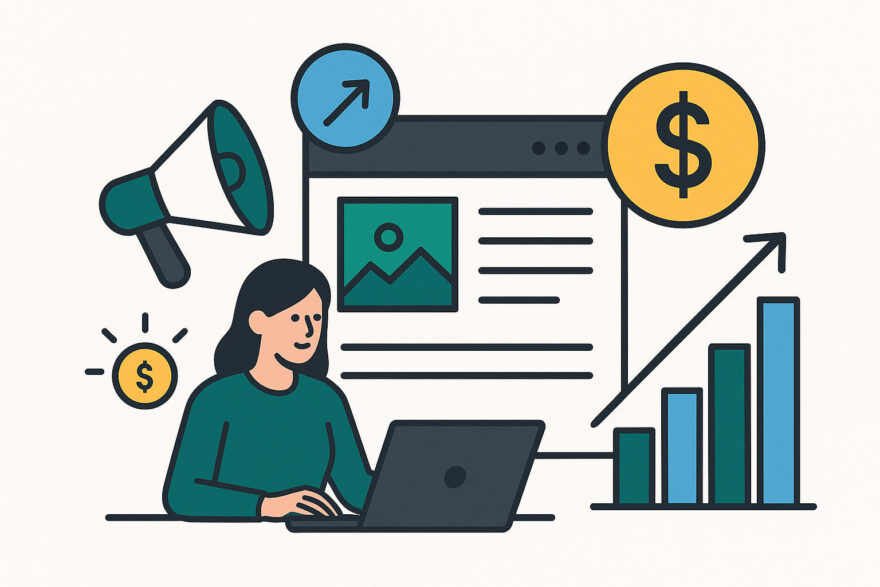 Warum ein Blog der ideale Start für dein Online-Einkommen ist Frau arbeitet am Laptop mit Symbolen für Wachstum und Geld – Symbolbild für Geld verdienen mit einem Blog