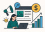 Frau arbeitet am Laptop mit Symbolen für Wachstum und Geld – Symbolbild für Geld verdienen mit einem Blog
