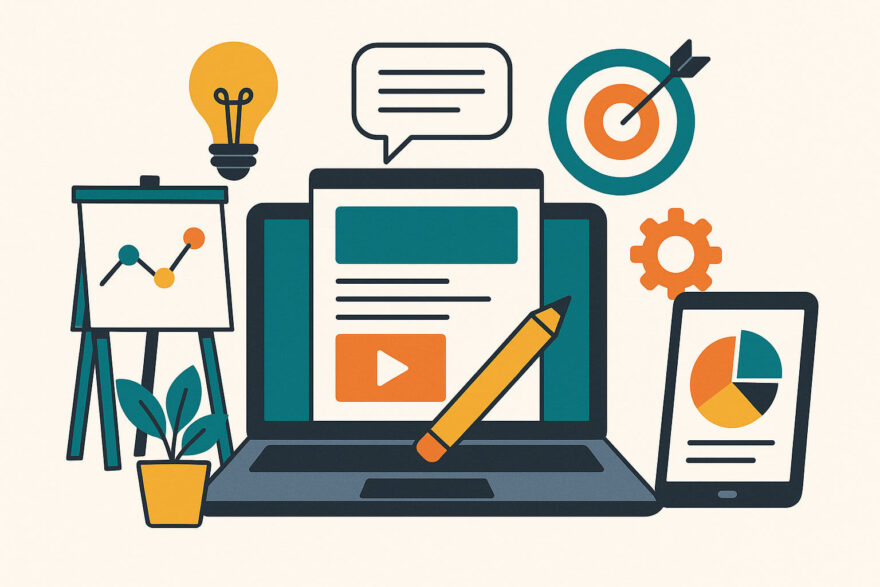 Symbolgrafik zum Thema Digitale Produkte verkaufen – Laptop mit Kreativ-Tools, Diagrammen und Strategieelementen zur Produkterstellung