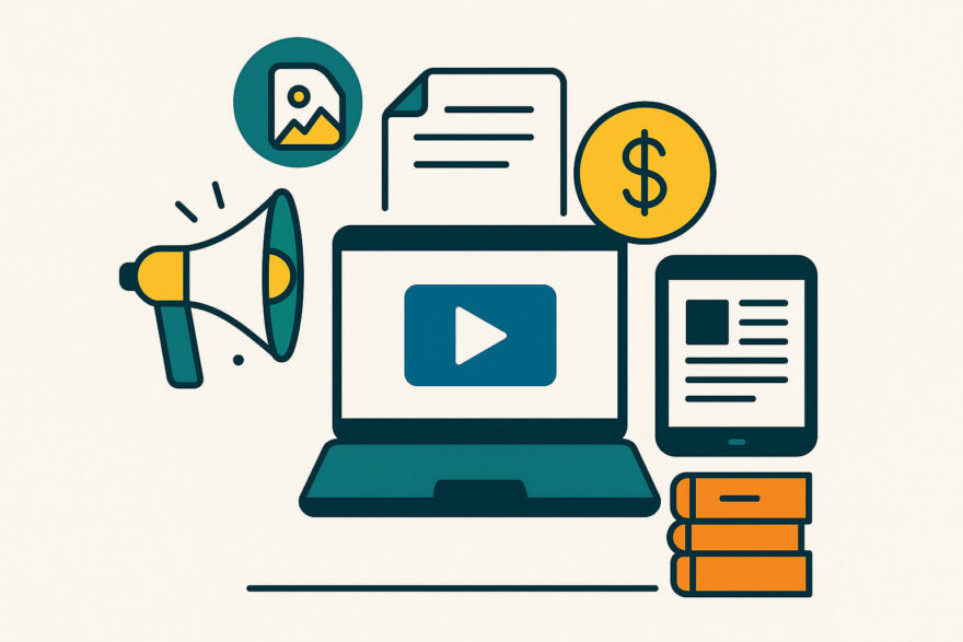 Symbolgrafik zum Thema Digitale Produkte verkaufen – Laptop, Tablet und Online-Elemente als Darstellung des digitalen Verkaufs