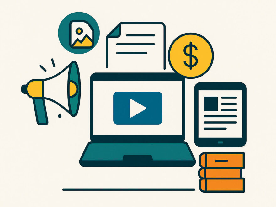 Symbolgrafik zum Thema Digitale Produkte verkaufen – Laptop, Tablet und Online-Elemente als Darstellung des digitalen Verkaufs