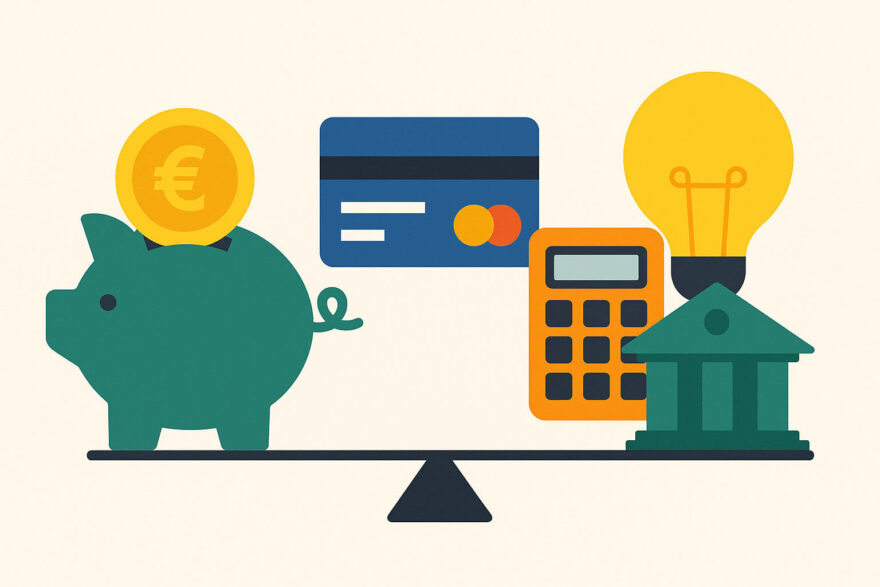 Dispo ausgleichen – Alternativen zum Ratenkredit im Überblick Dispo ausgleichen – Vektorillustration mit Sparschwein, Kreditkarte und Bank als Alternativen zum Ratenkredit