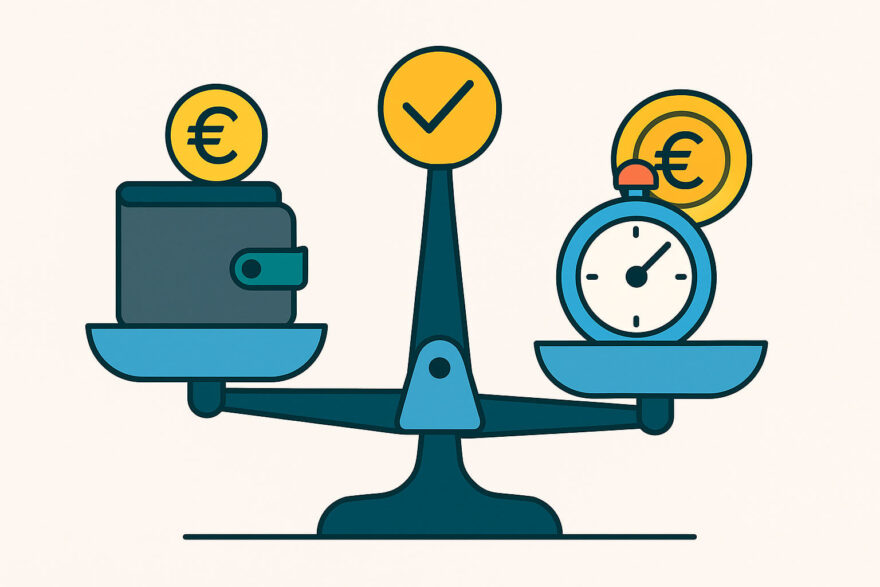 Dispo ausgleichen – Wann sich ein Ratenkredit wirklich lohnt Dispo ausgleichen – Vektorillustration mit Waage für Zinsvergleich zwischen Dispo und Ratenkredit