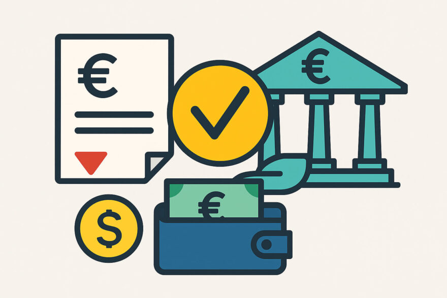 Dispo ausgleichen – Symbolgrafik für Schuldenausgleich und Finanzen Dispo ausgleichen – moderne Vektorillustration mit Bank, Geldbörse und Euro-Symbol