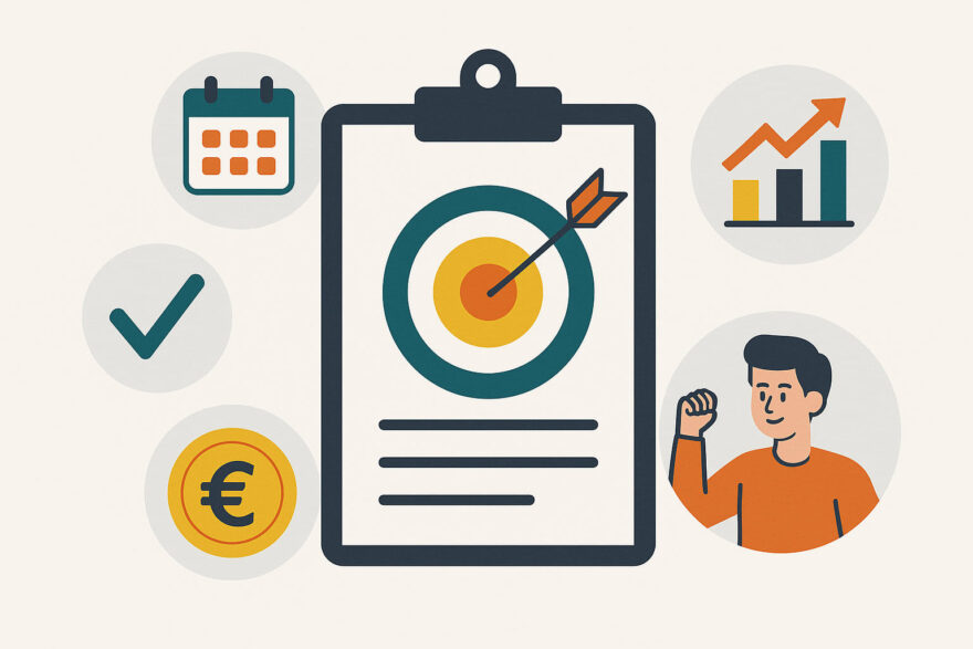 SMART-Methode anwenden – finanzielle Ziele richtig formulieren Illustration zur SMART-Methode für finanzielle Ziele mit Symbolen für Planung, Erfolg und Zielsetzung