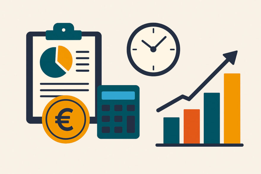 Finanzielle Ziele verfolgen – nützliche Tools und Methoden Illustration zu Tools und Methoden für finanzielle Ziele mit Symbolen für Planung, Diagramme und Budgetkontrolle