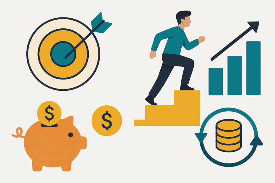 Warum finanzielle Ziele wichtig sind – Motivation und Überblick behalten Illustration zu finanziellen Zielen mit Symbolen für Sparen, Wachstum und Motivation