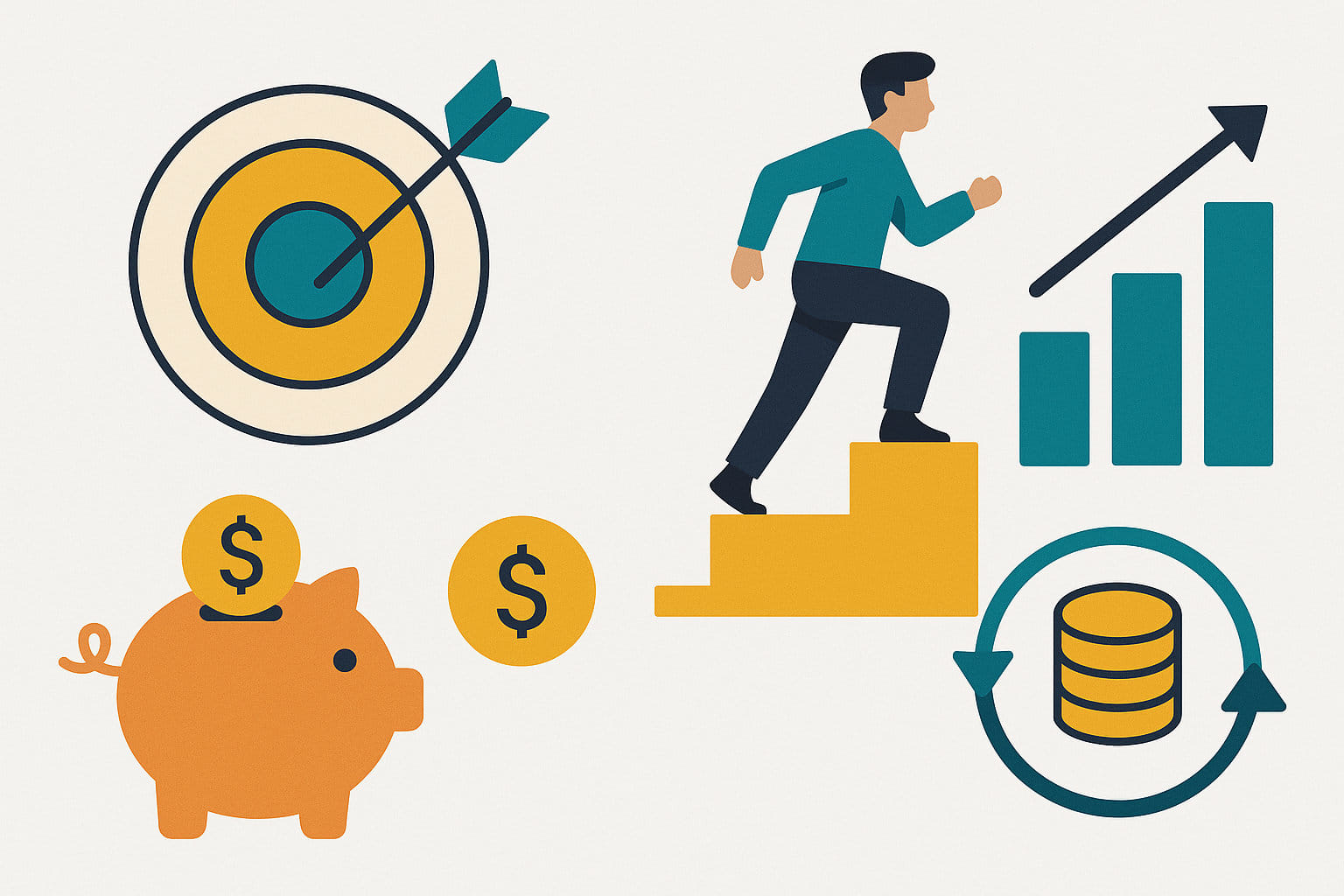 Illustration zu finanziellen Zielen mit Symbolen für Sparen, Wachstum und Motivation