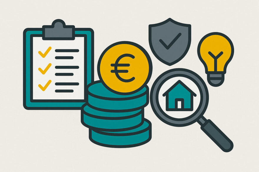 Fixkosten senken: Regelmäßige Prüfung deiner Ausgaben Fixkosten senken – Symbole für regelmäßige Ausgaben wie Strom, Miete und Versicherungen