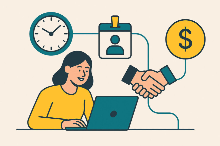 Freelancing: Was es ist und warum es sich als Nebenverdienst lohnt Illustration zum Thema Freelancing – flexible Arbeit am Laptop als Nebenverdienst