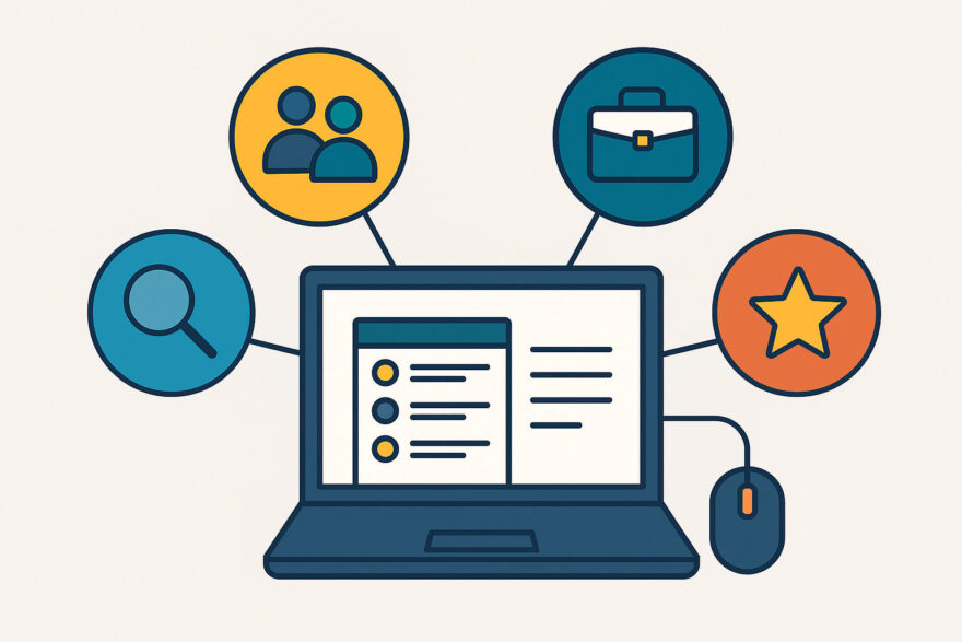 Freelancing: Die besten Plattformen, um Kunden zu finden Illustration zum Thema Freelancing – Laptop mit Symbolen für Online-Plattformen und Jobnetzwerke