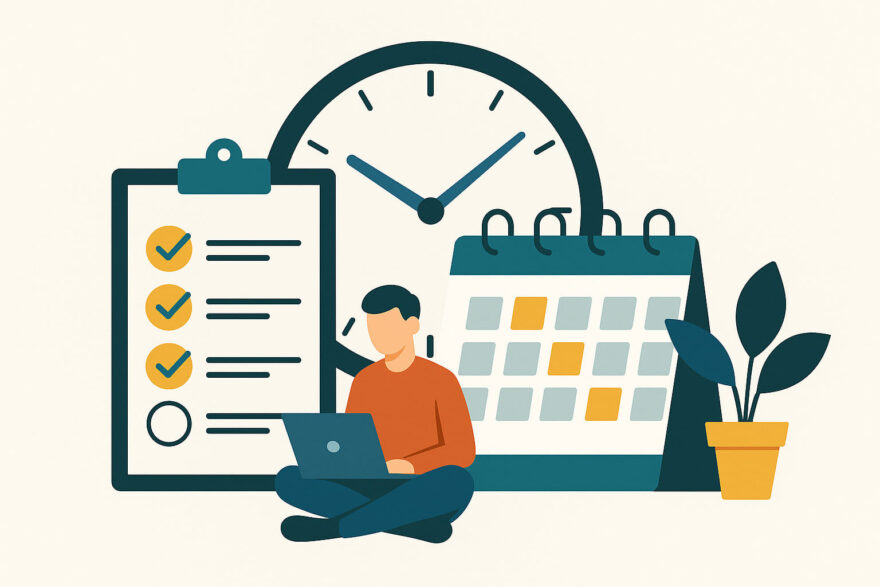 Freelancing: Zeitmanagement im Nebenjob erfolgreich umsetzen Illustration zum Thema Freelancing – effizientes Zeitmanagement mit Uhr, Kalender und Laptop