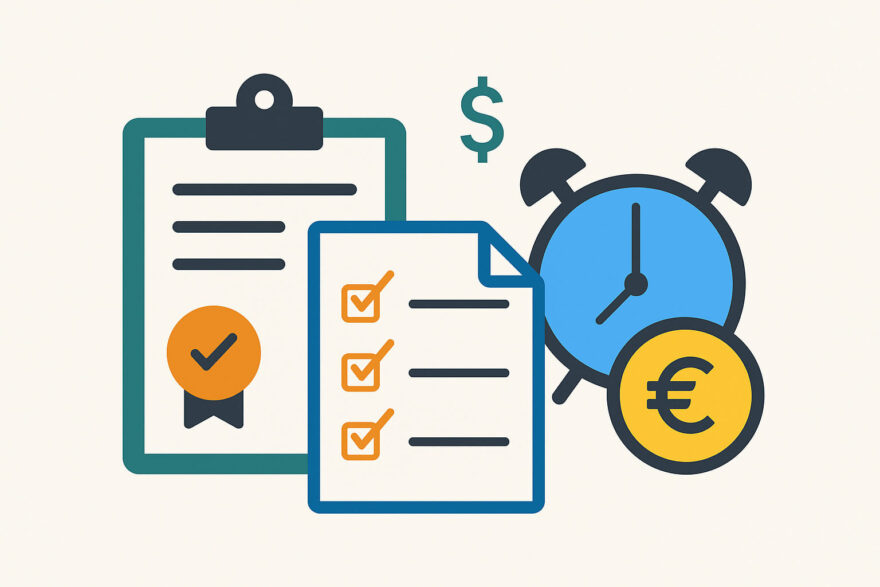 Kosten und Pflichten bei der Gewerbeanmeldung Symbolgrafik zum Thema Kleingewerbe anmelden mit Checkliste, Uhr und Eurozeichen