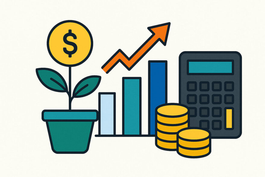 Investieren als moderner Nebenverdienst – Geld für dich arbeiten lassen Symbolgrafik zeigt Investieren als Nebenverdienst mit Geldpflanze, Münzen, Balkendiagramm und Taschenrechner als Sinnbild für passives Einkommen