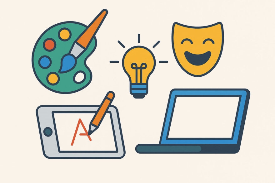 Kreative Nebenjobs von zu Hause – dein Talent als Nebenverdienst nutzen Symbolgrafik zeigt kreative Nebenverdienst-Ideen mit Laptop, Zeichen-Tablet, Farbpalette, Glühbirne und Maske als Sinnbild für Talente