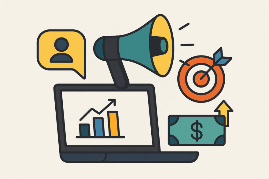 Symbolgrafik zum Thema Digitale Produkte verkaufen – Laptop, Megafon und Zielscheibe als Symbole für Online-Marketing und Umsatzsteigerung