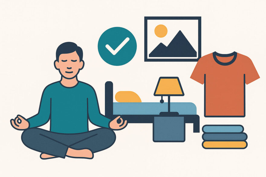 Was Minimalismus wirklich bedeutet – einfach erklärt Illustration zum Thema Minimalismus mit Symbolen für bewussten Lebensstil und Einfachheit