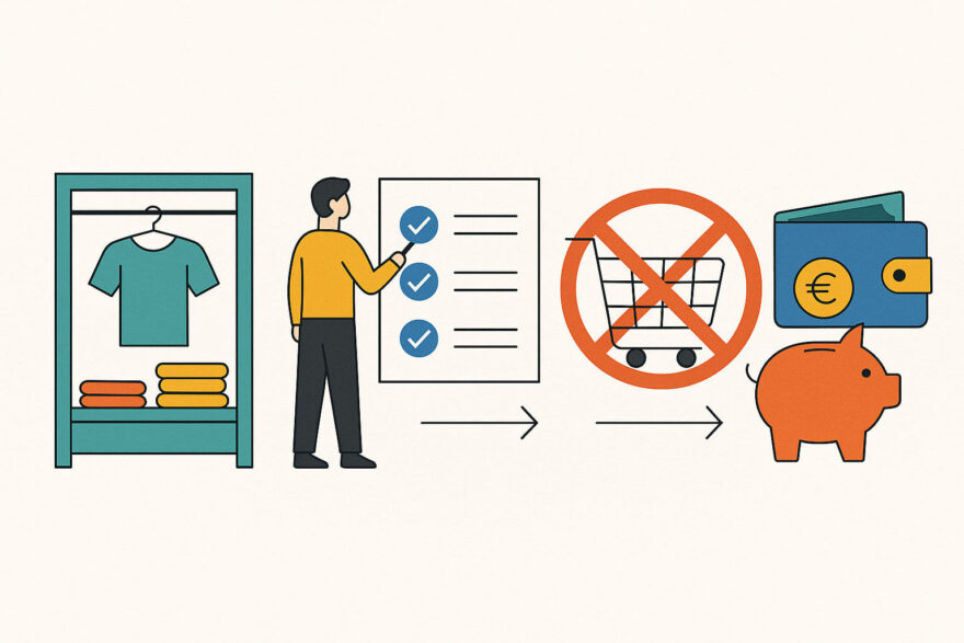 Konsumverzicht Schritt für Schritt – Minimalismus praktisch umsetzen Illustration zeigt Schritte zum Minimalismus und bewussten Konsumverzicht im Alltag