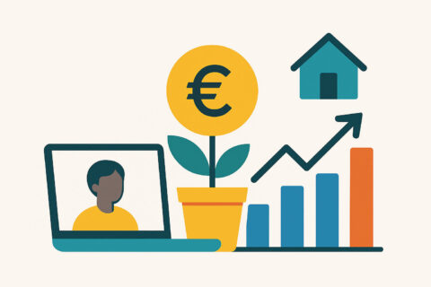 Flache Vektorillustration zeigt steigendes Interesse am Nebenverdienst mit Laptop, Euro-Münze, Haus und Wachstumsgrafik