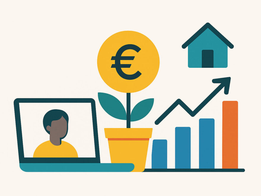 Flache Vektorillustration zeigt steigendes Interesse am Nebenverdienst mit Laptop, Euro-Münze, Haus und Wachstumsgrafik